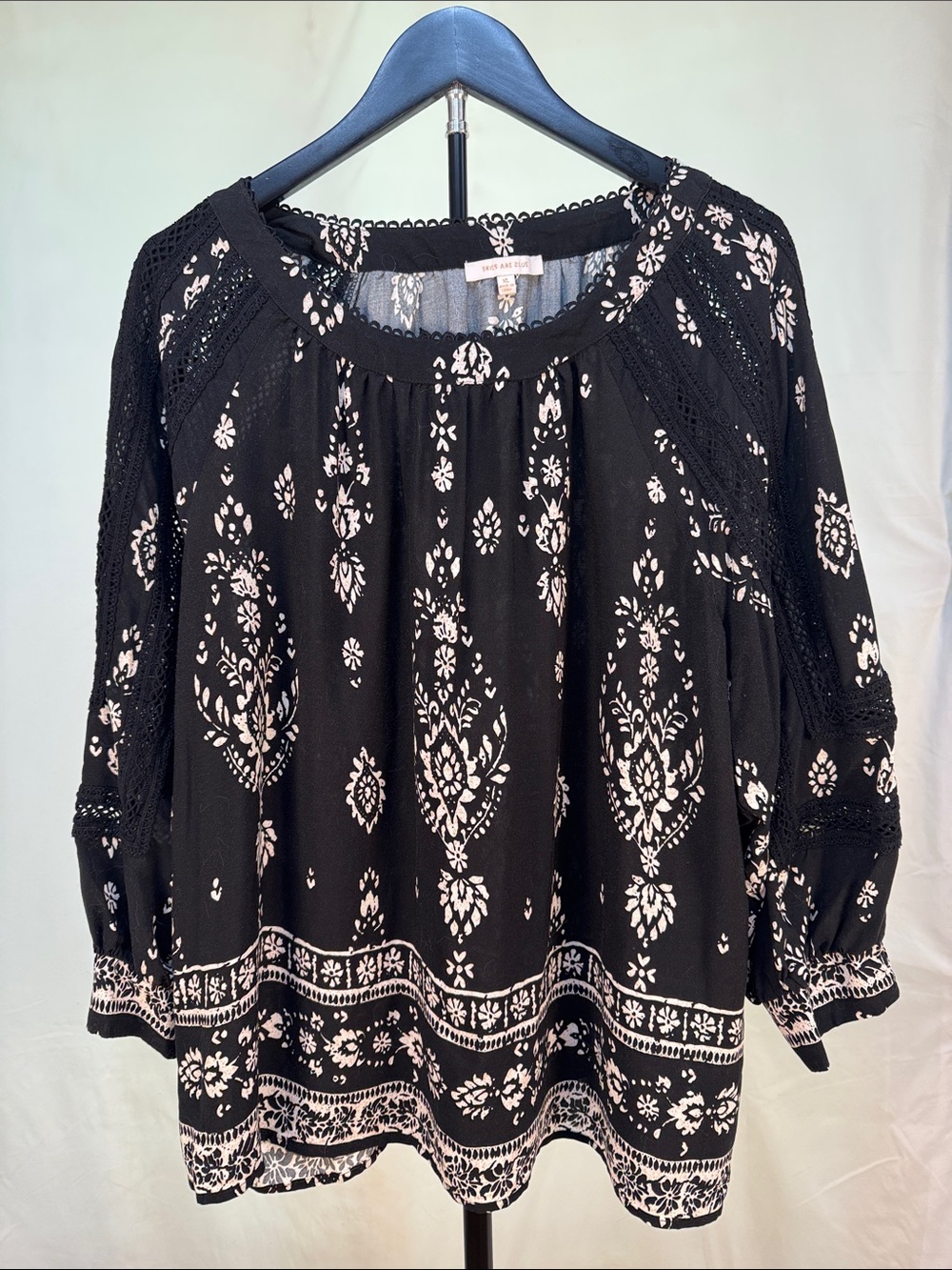 Skies Are Blue Black Blouse with Cream Floral Print